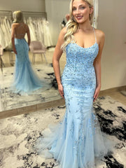 2024 Lace Blue Prom Dresses Sleeveless Mermaid with Beaded