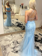 2024 Lace Blue Prom Dresses Sleeveless Mermaid with Beaded
