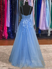 2024 Lace Blue Prom Dresses V Neck Long Formal Dresses Open Back