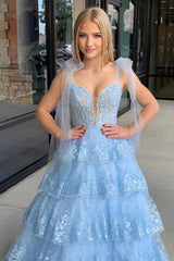 2024 Light Blue Layered Prom Dress Tiered Tie Staps Plunging Neck