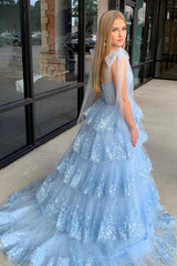 2024 Light Blue Layered Prom Dress Tiered Tie Staps Plunging Neck