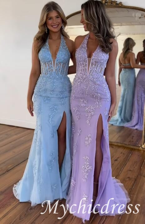 2024 Long Lace Prom Dress Halter
