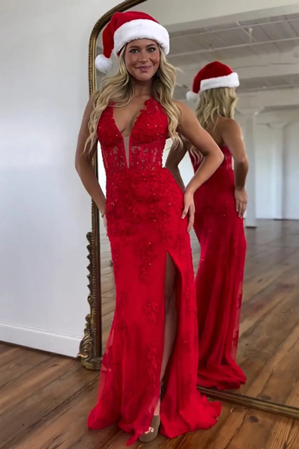 2025 Long Lace Prom Dress Violet purple Halter Evening Gown Fitted Slit - MyChicDress