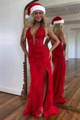 2025 Long Lace Prom Dress Violet purple Halter Evening Gown Fitted Slit - MyChicDress