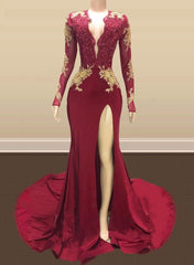 2024 Long Mermaid Gold Red Lace Prom Dresses Mermaid Formal Gowns