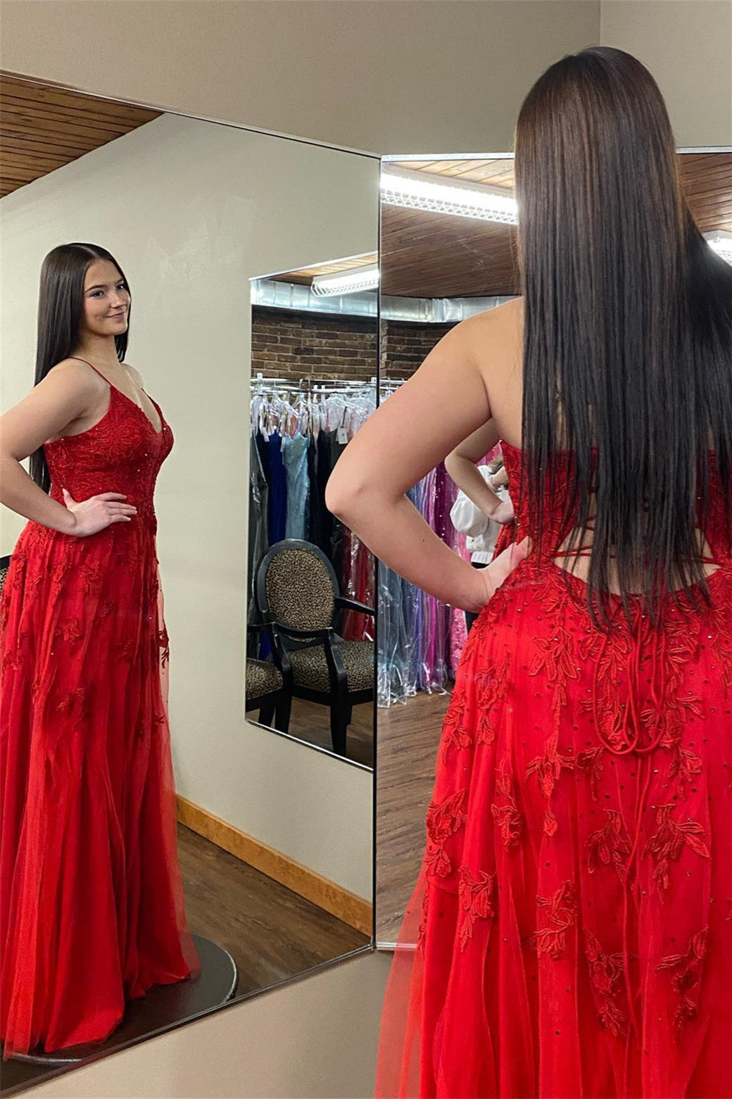 2025 Long Red Floral Prom Dresses Cheap Plunging V Neck Appliques - MyChicDress