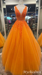 2024 Orange Lace Beaded Prom Dresses V Neck Tulle Sleeveless Evening Dress UK
