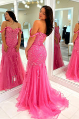 2025 Pink Floral Lace Formal Dresses Mermaid Off-Shoulder - MyChicDress