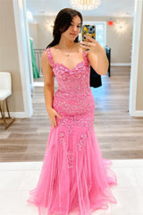 2025 Pink Floral Lace Formal Dresses Mermaid Off-Shoulder - MyChicDress