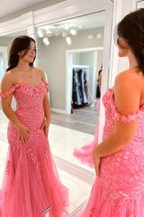2025 Pink Floral Lace Formal Dresses Mermaid Off-Shoulder - MyChicDress