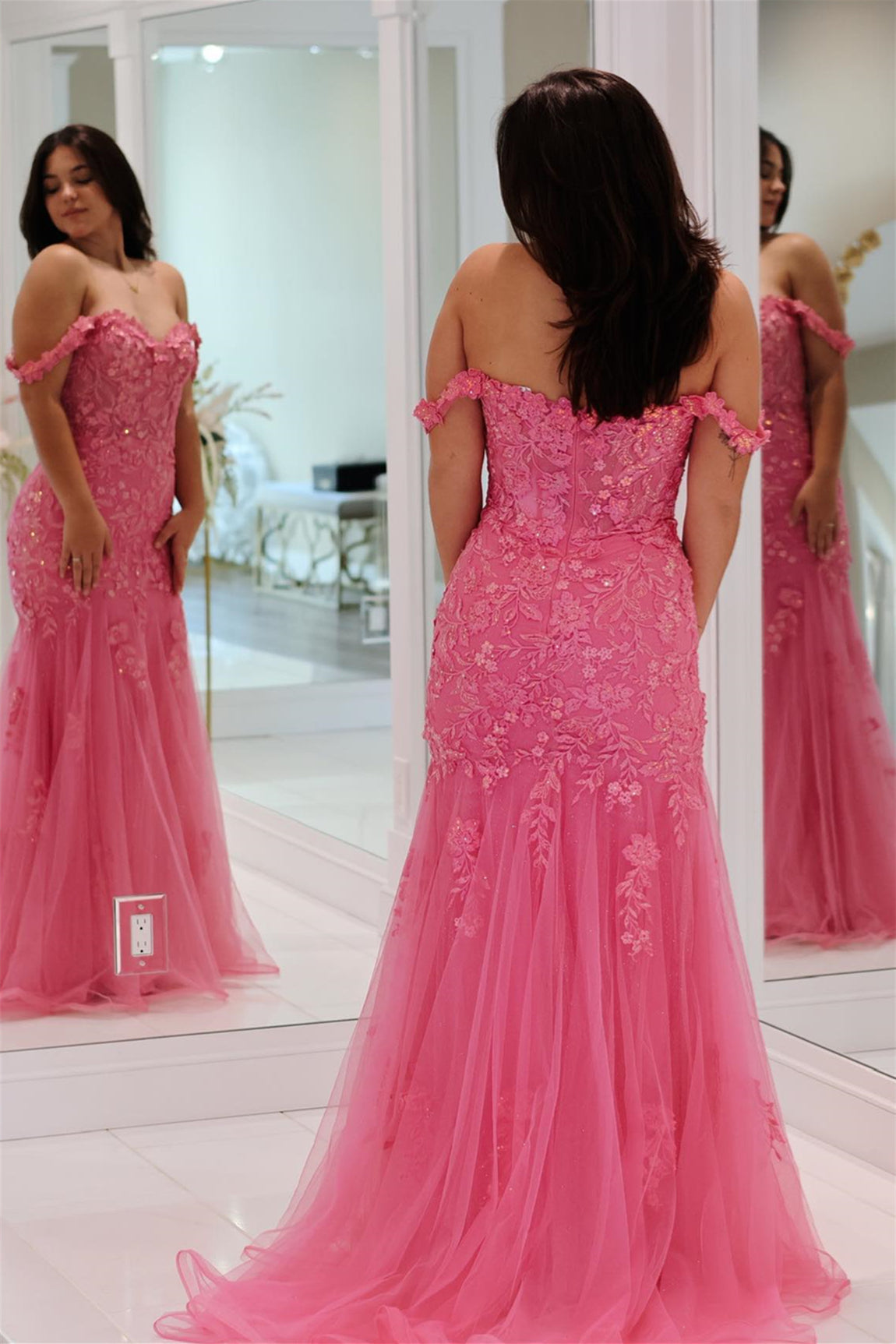 Cheap 2024 Hot Pink Lace Prom Dresses Strapless Sleeveless Formal Dress  with Split