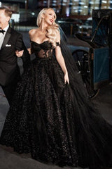 2024 Princess Black Gothic Wedding Dresses with Sequin Lace Applique