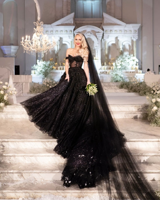2025 Princess Black Gothic Wedding Dresses with Sequin Lace Applique - MyChicDress