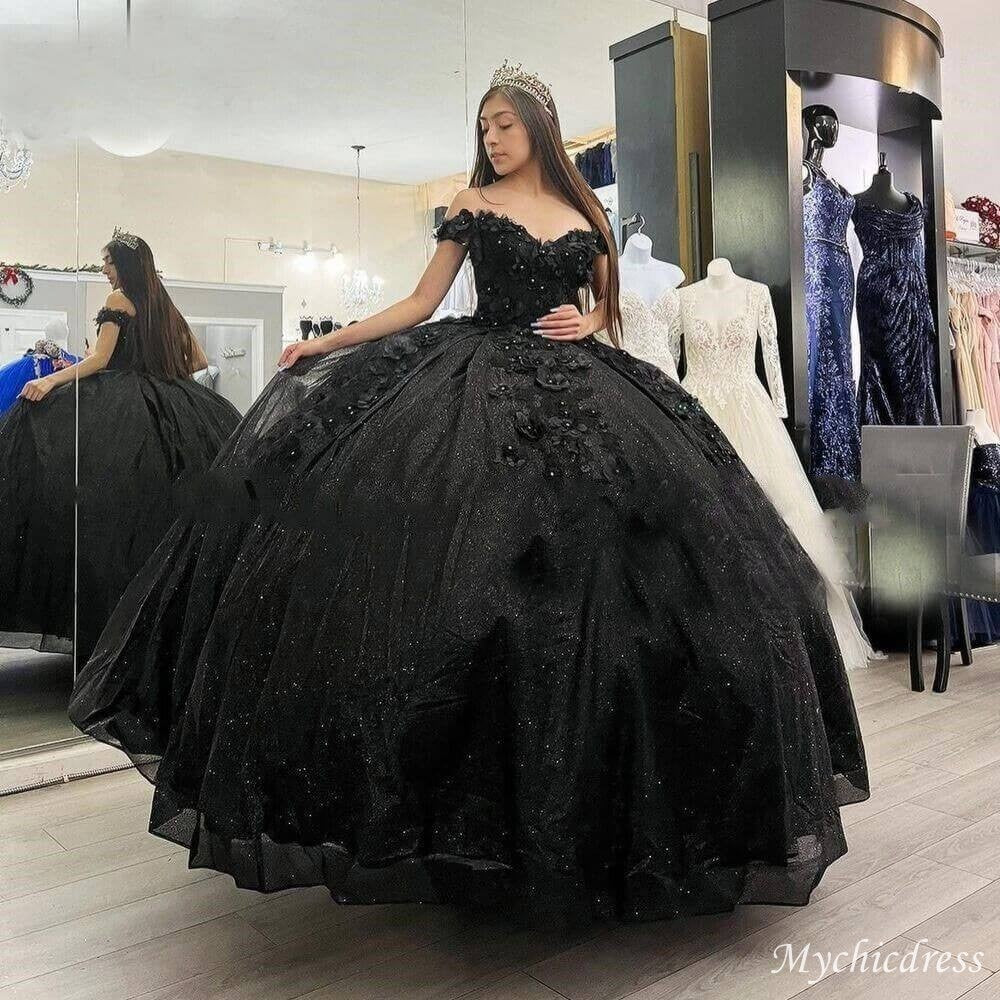 2024 Plus Size Black Quinceanera Dresses with Flowers Crystals ...