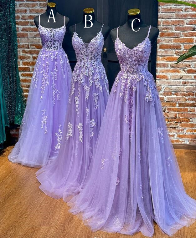 2025 Straps Violet Purple Prom Dresses Lace Tulle Long A-line Dress - MyChicDress