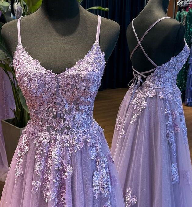 2025 Straps Violet Purple Prom Dresses Lace Tulle Long A-line Dress - MyChicDress