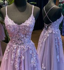 2025 Straps Violet Purple Prom Dresses Lace Tulle Long A-line Dress - MyChicDress
