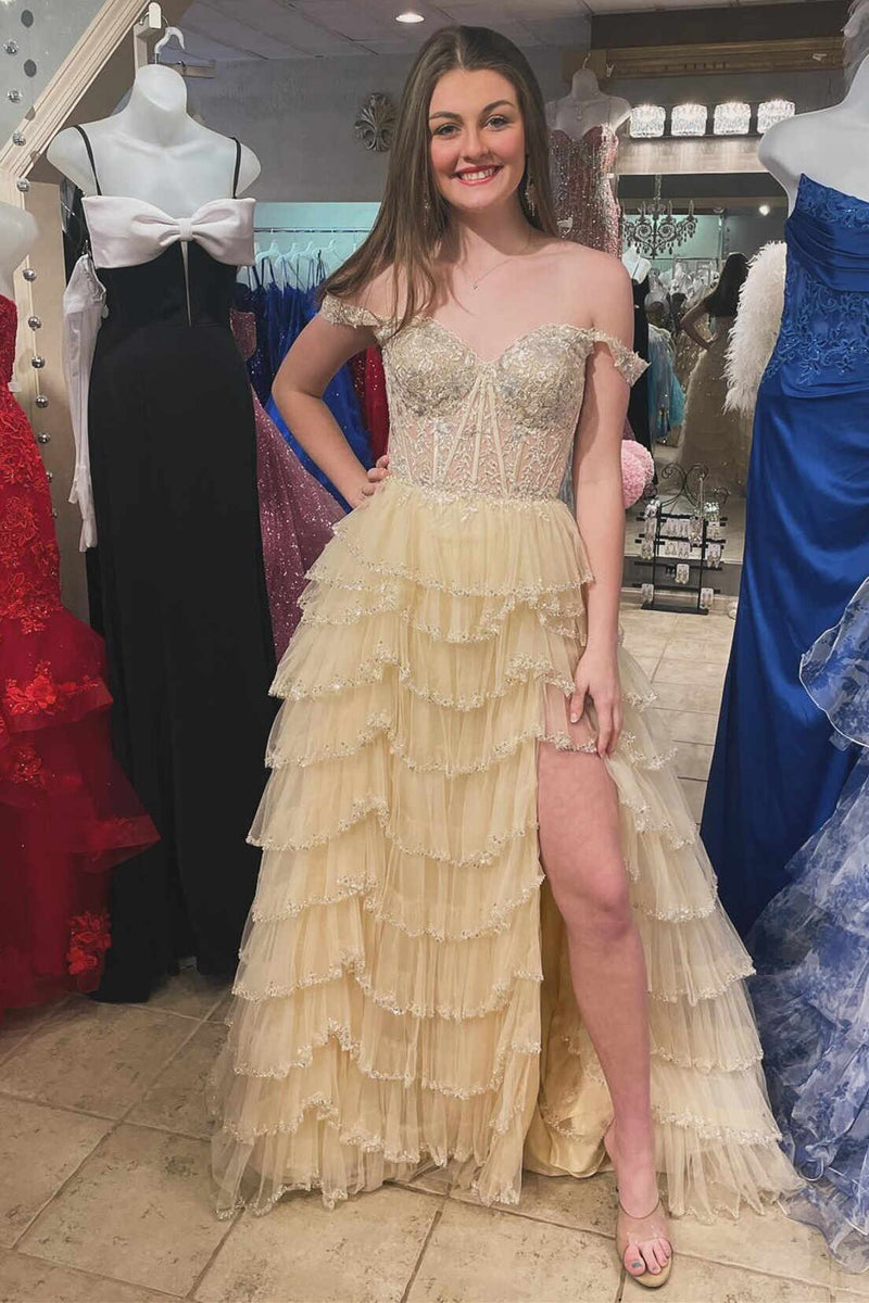 2025 Tiered Prom Dresses Champagne Ruffle Off the Shoulder Sequin - MyChicDress