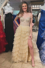 2025 Tiered Prom Dresses Champagne Ruffle Off the Shoulder Sequin - MyChicDress