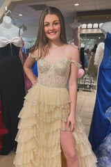 2024 Tiered Prom Dresses Champagne Ruffle Off the Shoulder Sequin