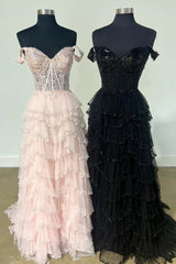 2025 Tiered Prom Dresses Champagne Ruffle Off the Shoulder Sequin - MyChicDress