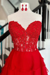2025 Hot Pink Corset Long Prom Dresses Ruffle Sweetheart Lace Chiffon - MyChicDress