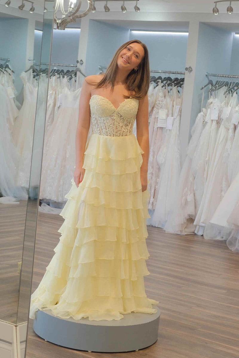2025 Hot Pink Corset Long Prom Dresses Ruffle Sweetheart Lace Chiffon - MyChicDress