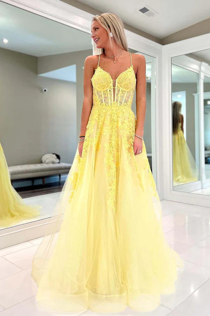 2025 A Line Yellow Lace Long Prom Dress V Neck Open Back UK
