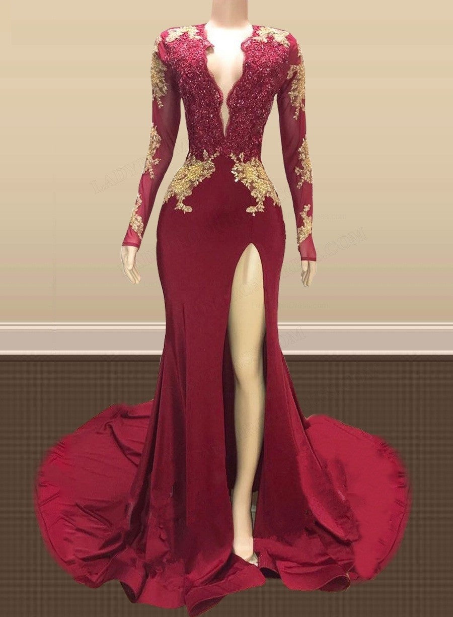 2025 Long Mermaid Gold Red Lace Prom Dresses Mermaid Formal Gowns MyChicDress