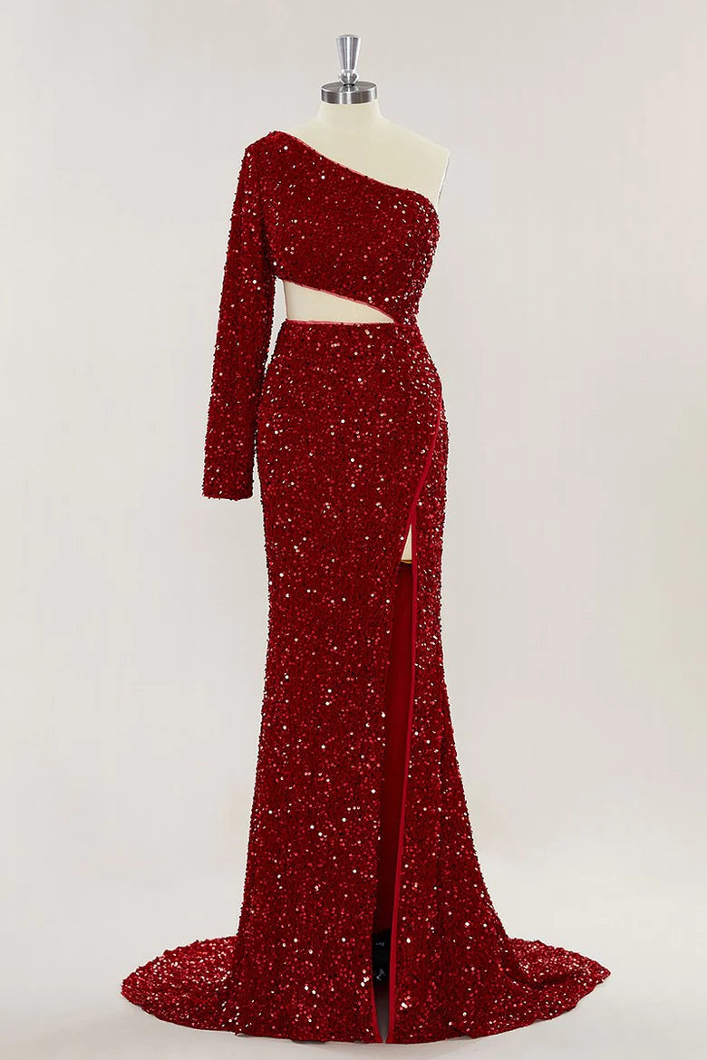 2025 One shoulder Sequins Burgundy Prom Dress Long Evening Dress uk - MyChicDress