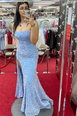 2025 Long Red Prom Dresses Sequin Mermaid Strapless Formal Dress