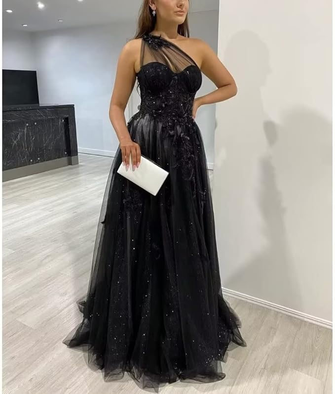 2025 Black One Shoulder Long Prom Dresses Formal Dress with Split