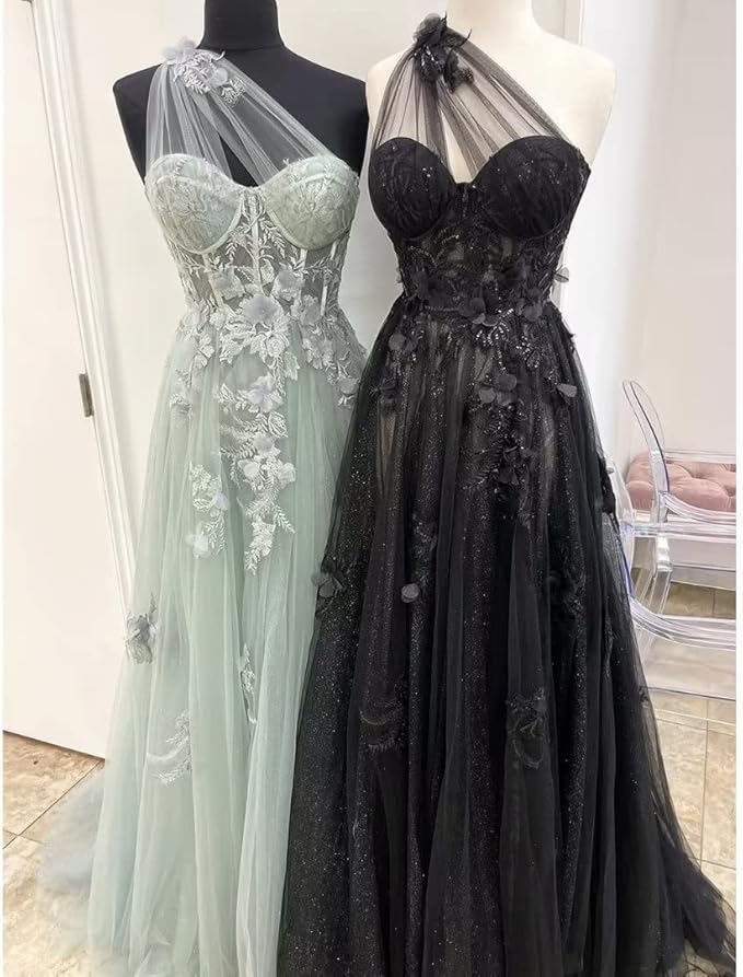 2025 Black One Shoulder Long Prom Dresses Formal Dress with Split