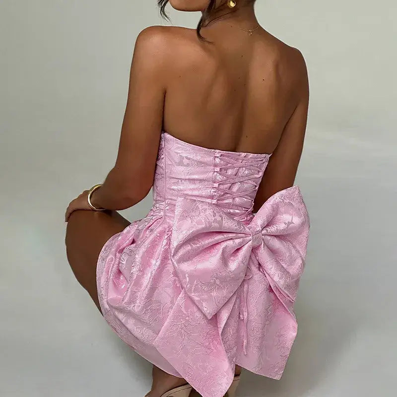 2026 Sexy Short Pink Jacquard Strapless Mini Dress for Women