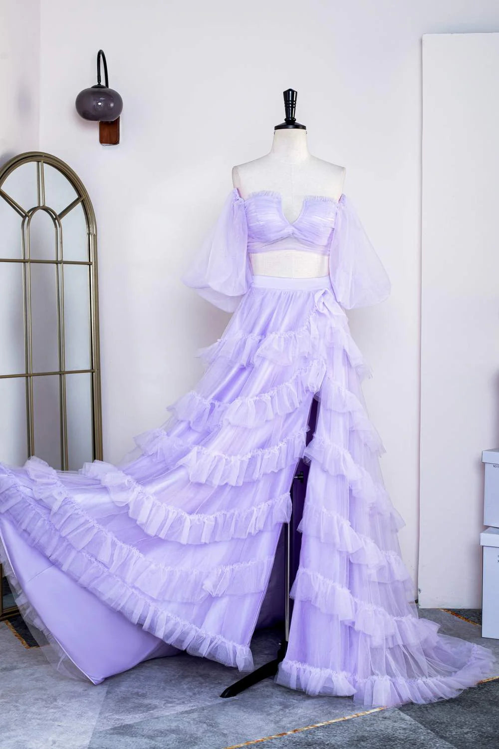 2 Piece Lavender Prom Dress Tulle Off the shoulder with Ruffles Mychicdress
