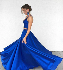 2 Piece royal Blue Prom Dresses satin Evening Dresses