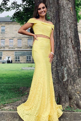 2 Piece Yellow Lace Prom Dress Mermaid Off the Shoulder Formal Dress