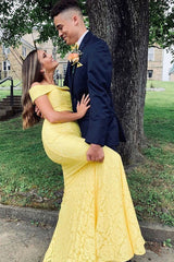 2 Piece Yellow Lace Prom Dress Mermaid Off the Shoulder Formal Dress
