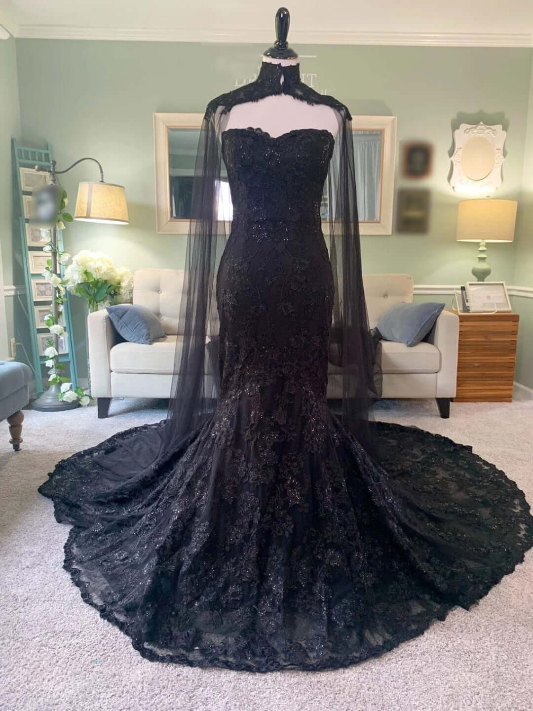 3 in 1 Black Wedding Dress Mermaid Lace with Cape Removable Sleeves