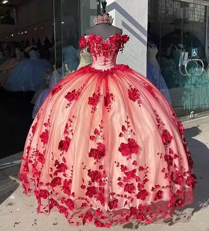 Ball Gown 15 red Quinceanera Dresses Crystal With 3D Flowers Girl Birthday Dress