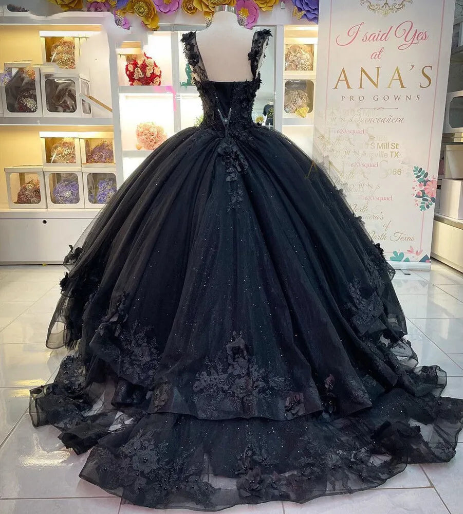 3D Floral Straps Black Quince Dresses Applique Sweet 16 Party Dress - MyChicDress