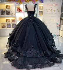 3D Floral Straps Black Quince Dresses Applique Sweet 16 Party Dress - MyChicDress