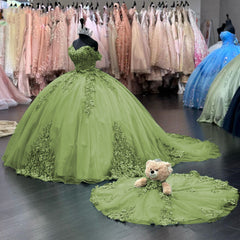 3D Flower Sage Green Quince Dresses Off Shoulder Sweet 15 Birthday Party
