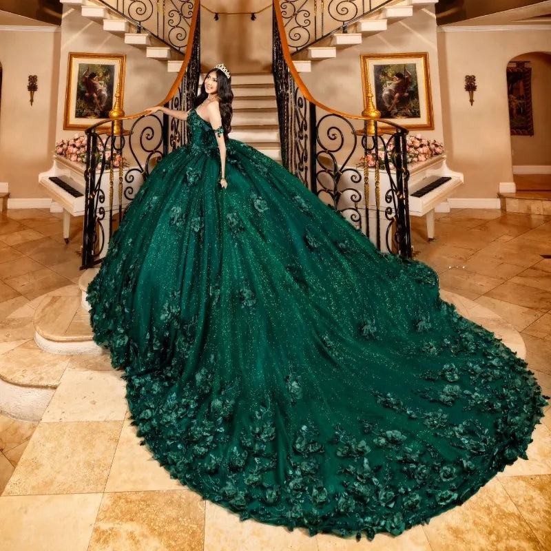 3D Flowers Emerald Green Quinceanera Dresses Ball Gown Quince Dress - MyChicDress
