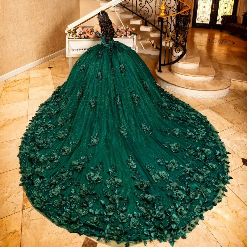 3D Flowers Emerald Green Quinceanera Dresses Ball Gown Quince Dress - MyChicDress