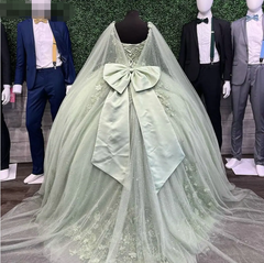 3D Flowers Mint Green Quinceanera Dress 2024 With Cape Spaghetti Strap