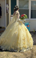 3D Flowers Tulle Yellow Quinceanera Dresses Sweetheart Ball Gowns XV With Cape