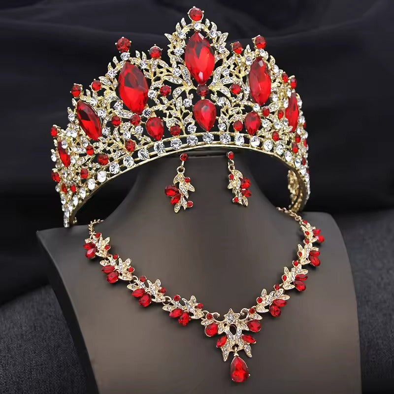 3PCS red Crystal Crown Bridal Jewelry Sets Wedding Tiaras Set for Women