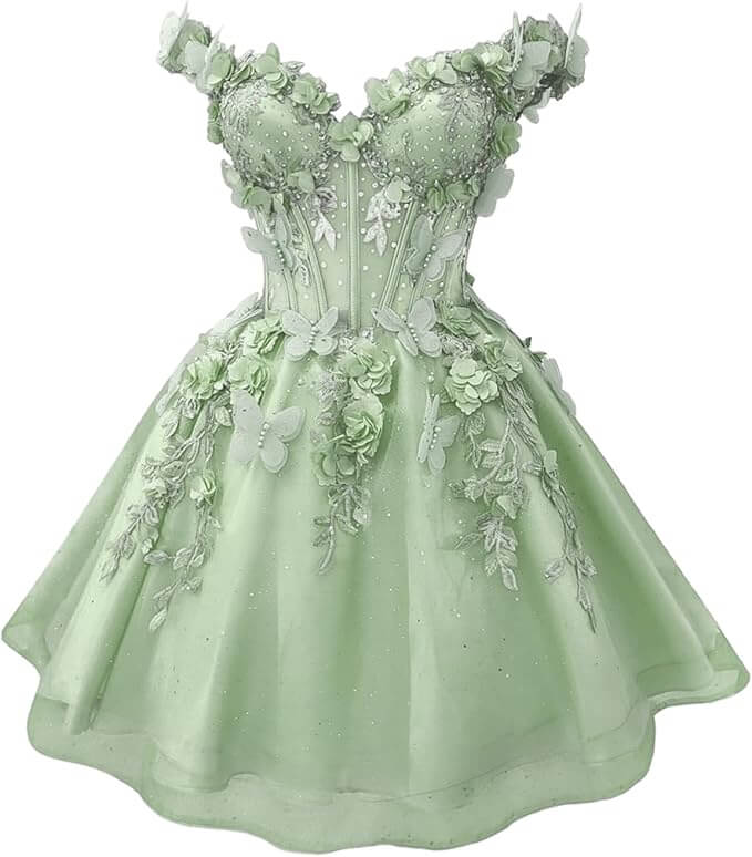 sage green 3D Butterfly DAMA Dress for Quinceanera Short Hoco Dresses Off Shoulder