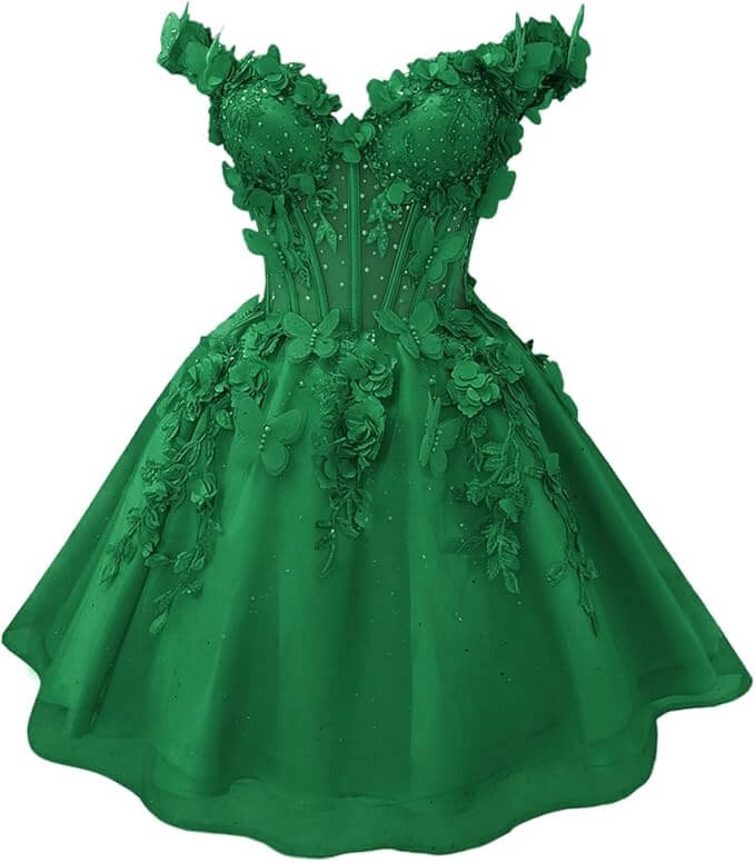 emerald green 3D Butterfly DAMA Dress for Quinceanera Short Hoco Dresses Off Shoulder